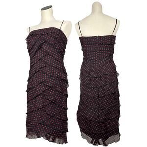 Tadashi Shoji 90s Y2K Preppy Silk Ruffle Polkadot Square Neck Midi Dress M